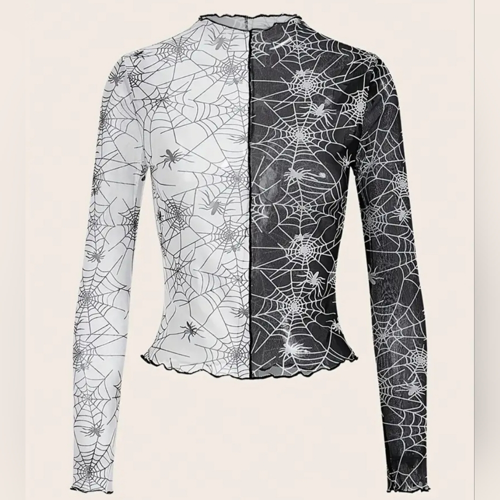 NWOT Black and White Mesh Spiderweb Mock Neck Top S (4)